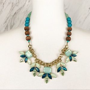Teal Mint Wood Beaded Gold Chain Statement Necklace Boho Coastal Chic Vacation